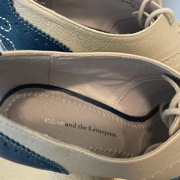 Rare Anthropologie Oxford Wedge Heels by Pilcro | Peep-Toe, Blue &amp; Cream, 7M