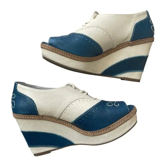 Rare Anthropologie Oxford Wedge Heels by Pilcro | Peep-Toe, Blue &amp; Cream, 7M