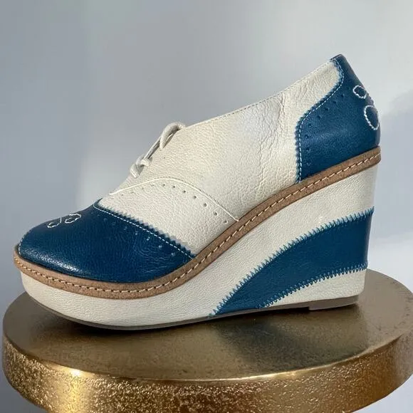 Rare Anthropologie Oxford Wedge Heels by Pilcro | Peep-Toe, Blue &amp; Cream, 7M