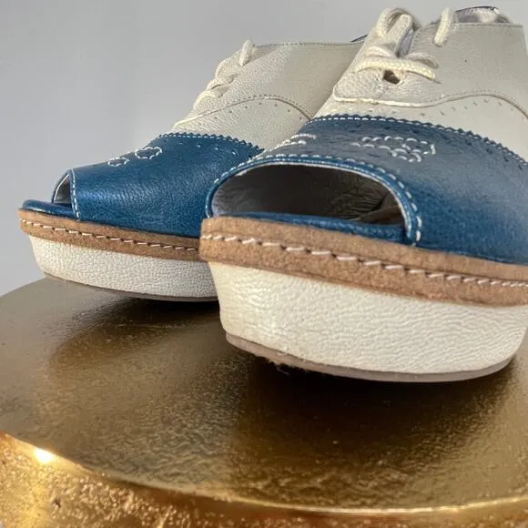 Rare Anthropologie Oxford Wedge Heels by Pilcro | Peep-Toe, Blue &amp; Cream, 7M
