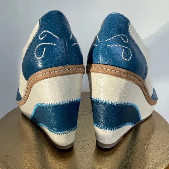 Rare Anthropologie Oxford Wedge Heels by Pilcro | Peep-Toe, Blue &amp; Cream, 7M