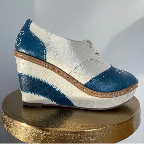 Rare Anthropologie Oxford Wedge Heels by Pilcro | Peep-Toe, Blue &amp; Cream, 7M