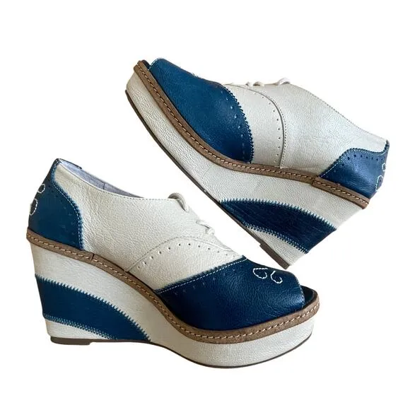 Rare Anthropologie Oxford Wedge Heels by Pilcro | Peep-Toe, Blue &amp; Cream, 7M