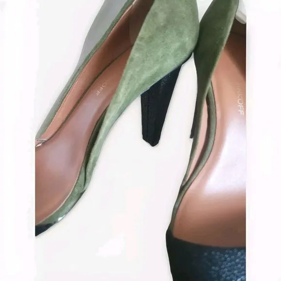 Rebecca Minkoff Heels Women's Size 10 Suede Olive Green Black Textured Heel