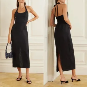 Reformation Black Yana Linen Midi Halter Dress Womens Size 12 NWT