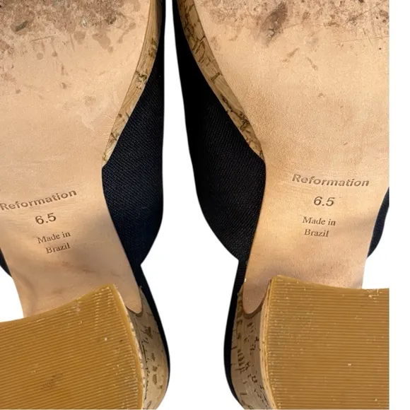 REFORMATION Cork Slide Platform Open Toe Mules Womens Size 6.5 Black And Cork