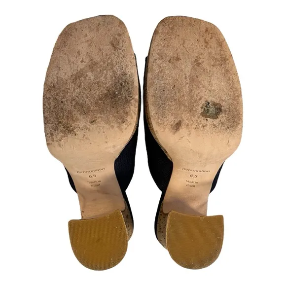 REFORMATION Cork Slide Platform Open Toe Mules Womens Size 6.5 Black And Cork