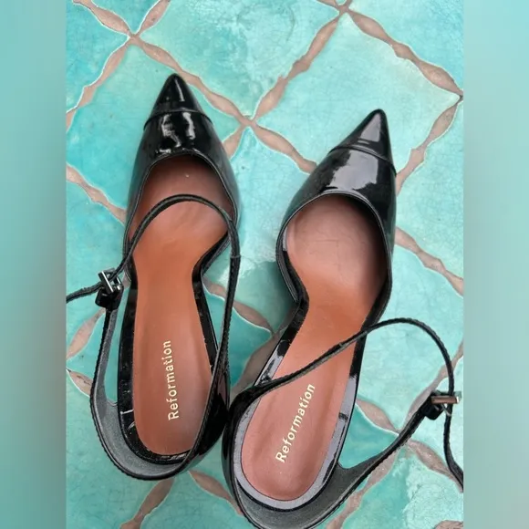 Reformation Kenny Bare Pump Leather Heels Black Pointed Toe