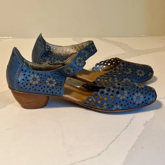 Reiker D'Orsay Blue Woman's Mary Jane Heel Court Leather Sandals Size 40 (9-9.5)