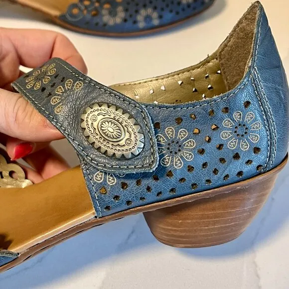 Reiker D'Orsay Blue Woman's Mary Jane Heel Court Leather Sandals Size 40 (9-9.5)
