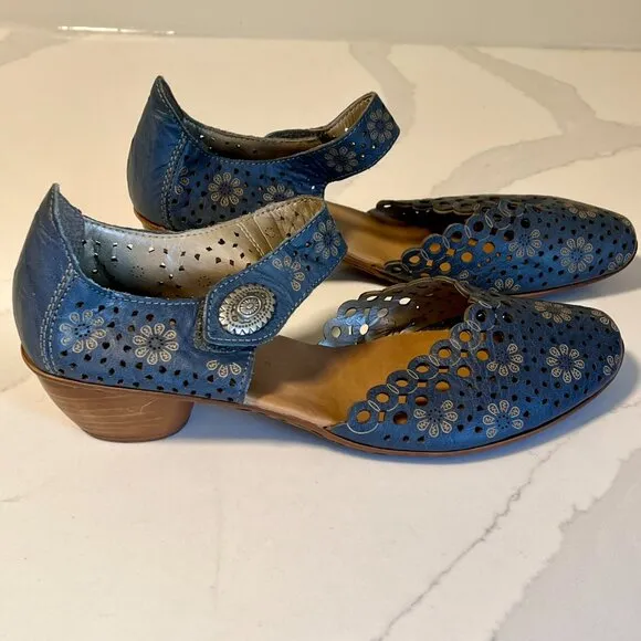 Reiker D'Orsay Blue Woman's Mary Jane Heel Court Leather Sandals Size 40 (9-9.5)
