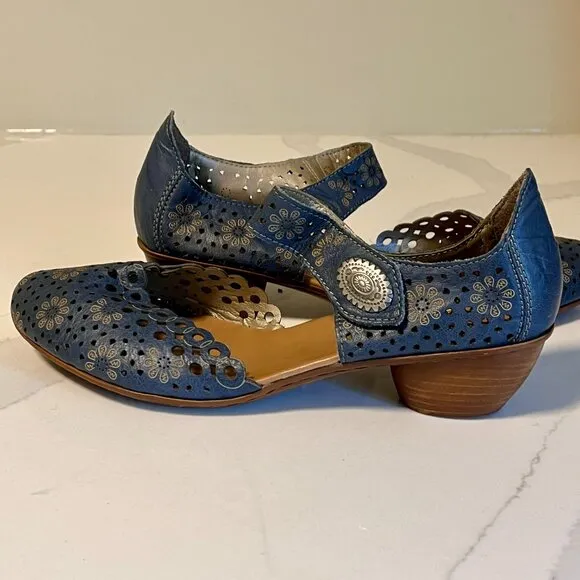 Reiker D'Orsay Blue Woman's Mary Jane Heel Court Leather Sandals Size 40 (9-9.5)