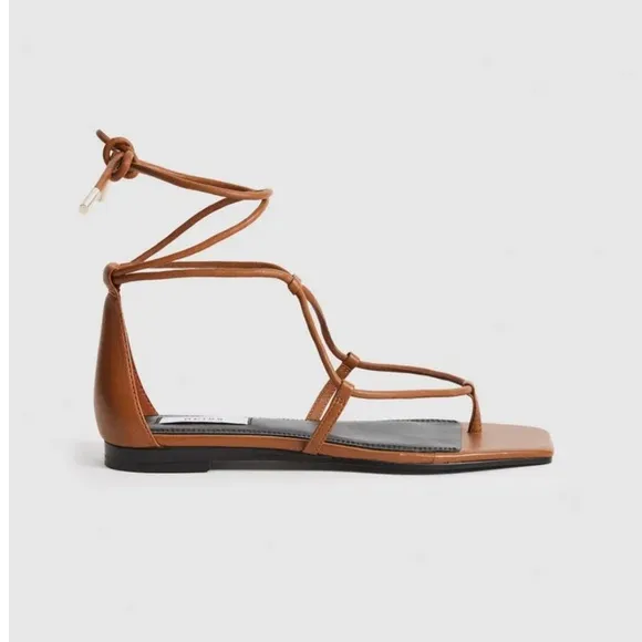 REISS Kali Flat Leather Strappy Wrap Sandals tan calf leather