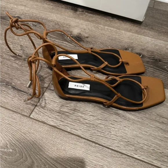 REISS Kali Flat Leather Strappy Wrap Sandals tan calf leather