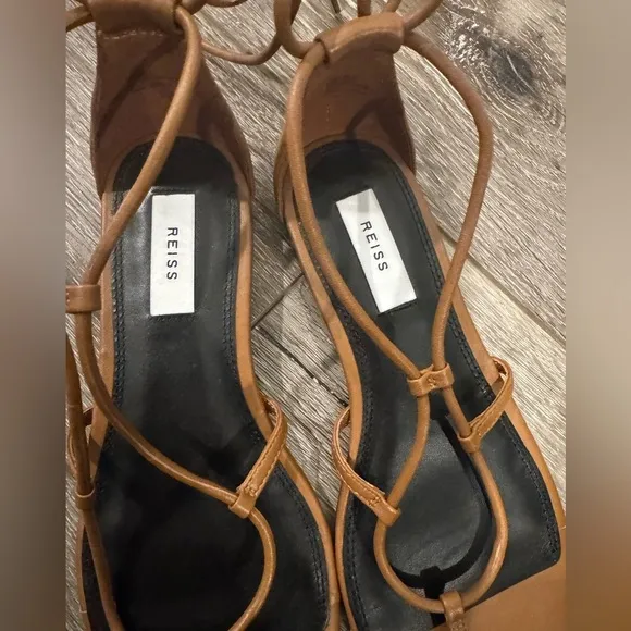 REISS Kali Flat Leather Strappy Wrap Sandals tan calf leather