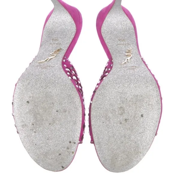 Rene Caovilla‎ 80MM Crystal-Embellished Suede Mules Pink Heels Open Toe