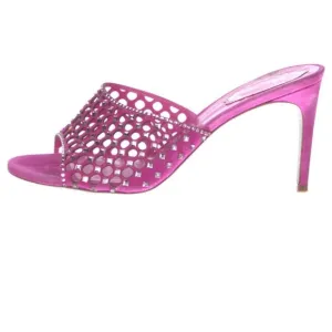 Rene Caovilla‎ 80MM Crystal-Embellished Suede Mules Pink Heels Open Toe