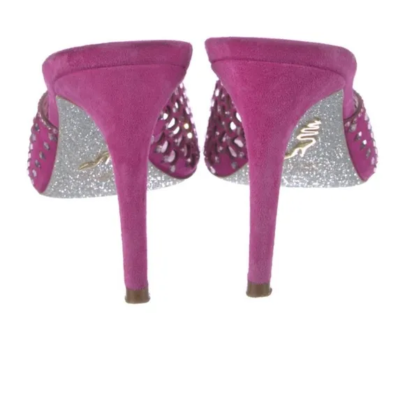 Rene Caovilla‎ 80MM Crystal-Embellished Suede Mules Pink Heels Open Toe