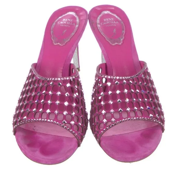 Rene Caovilla‎ 80MM Crystal-Embellished Suede Mules Pink Heels Open Toe