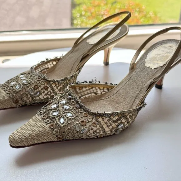 Rene Caovilla Gold Crystal Pointed Toe Mule
