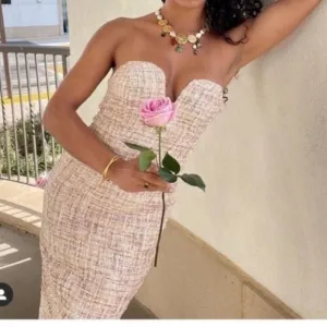 REVOLVE x LPA Dress Tweed Midi Strapless Pink Gold Metallic