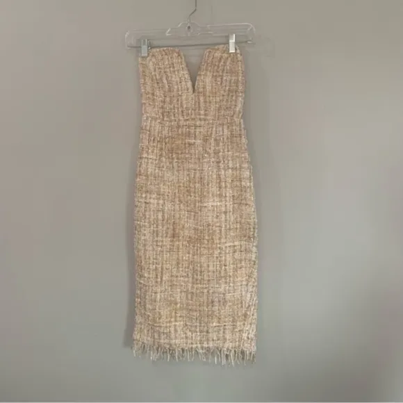 REVOLVE x LPA Dress Tweed Midi Strapless Pink Gold Metallic