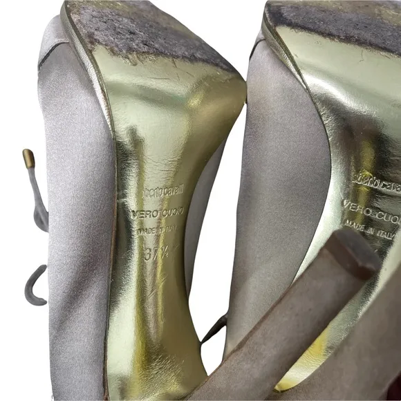 ROBERTO CAVALLI Women's Gold Satin Leather Strappy Lace Up Detail Heels Size37.5