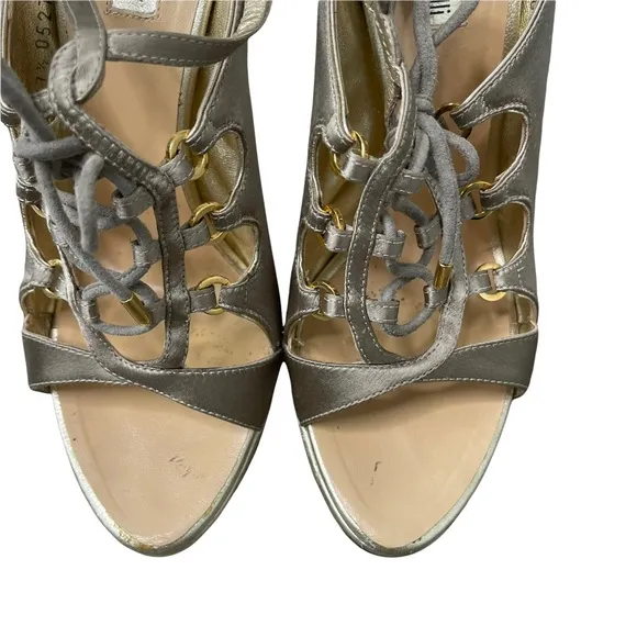 ROBERTO CAVALLI Women's Gold Satin Leather Strappy Lace Up Detail Heels Size37.5