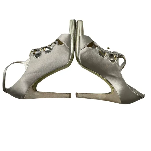 ROBERTO CAVALLI Women's Gold Satin Leather Strappy Lace Up Detail Heels Size37.5