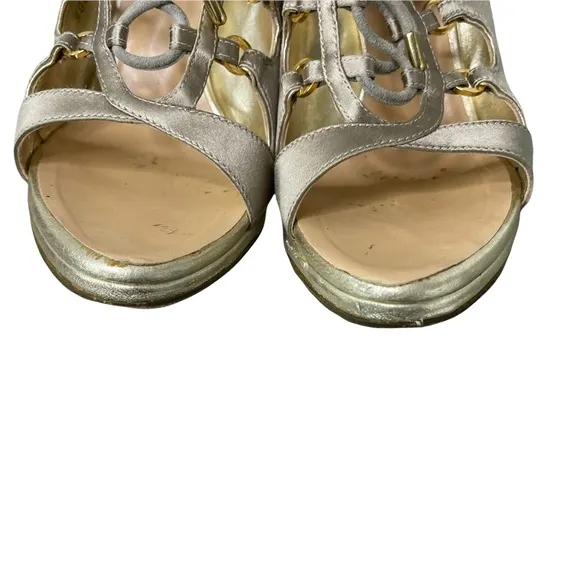 ROBERTO CAVALLI Women's Gold Satin Leather Strappy Lace Up Detail Heels Size37.5