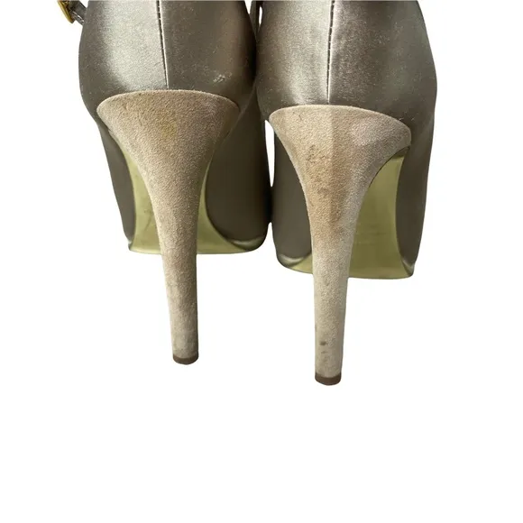 ROBERTO CAVALLI Women's Gold Satin Leather Strappy Lace Up Detail Heels Size37.5