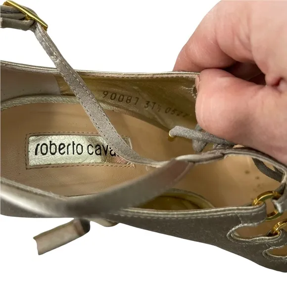 ROBERTO CAVALLI Women's Gold Satin Leather Strappy Lace Up Detail Heels Size37.5