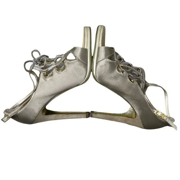 ROBERTO CAVALLI Women's Gold Satin Leather Strappy Lace Up Detail Heels Size37.5