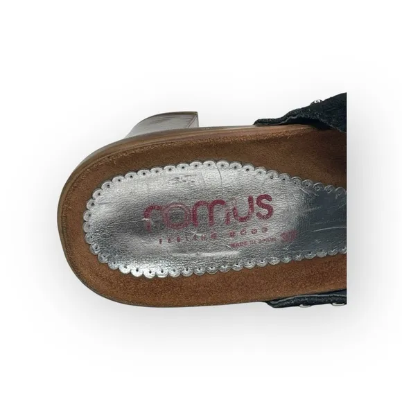 Romus ⌘ Suede Crystal Buckle Footbed Heeled Mules ⌘ Made in Spain ⌘ Black ⌘ 37