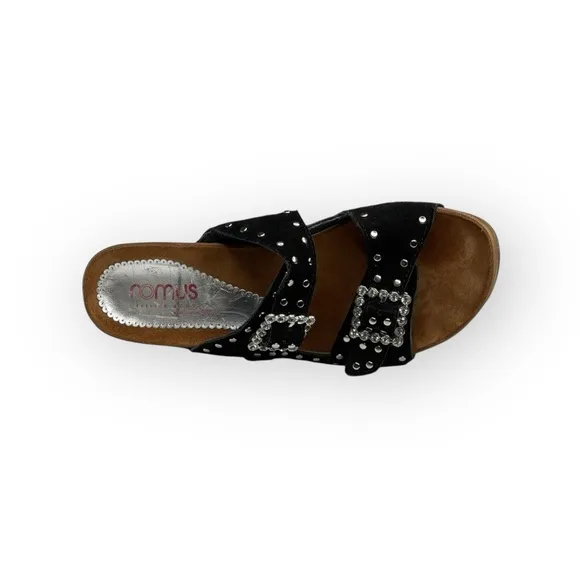 Romus ⌘ Suede Crystal Buckle Footbed Heeled Mules ⌘ Made in Spain ⌘ Black ⌘ 37