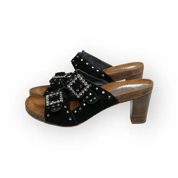 Romus ⌘ Suede Crystal Buckle Footbed Heeled Mules ⌘ Made in Spain ⌘ Black ⌘ 37