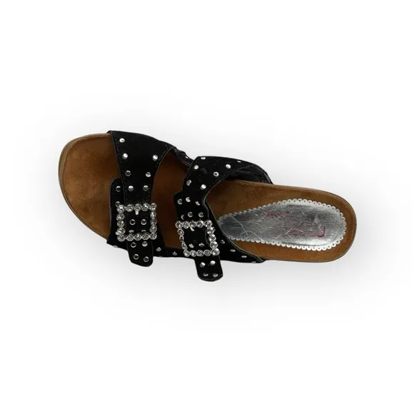 Romus ⌘ Suede Crystal Buckle Footbed Heeled Mules ⌘ Made in Spain ⌘ Black ⌘ 37