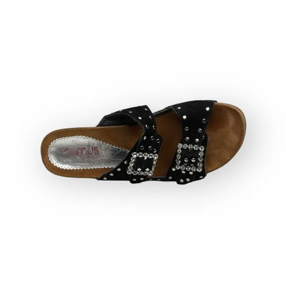 Romus ⌘ Suede Crystal Buckle Footbed Heeled Mules ⌘ Made in Spain ⌘ Black ⌘ 37