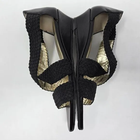 RON WHITE ALL DAY HEELS STRAPPY SUMMER BRAID WEAVE BLACK WEDGE WOMENS 37 US 6.5