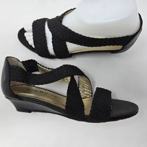 RON WHITE ALL DAY HEELS STRAPPY SUMMER BRAID WEAVE BLACK WEDGE WOMENS 37 US 6.5