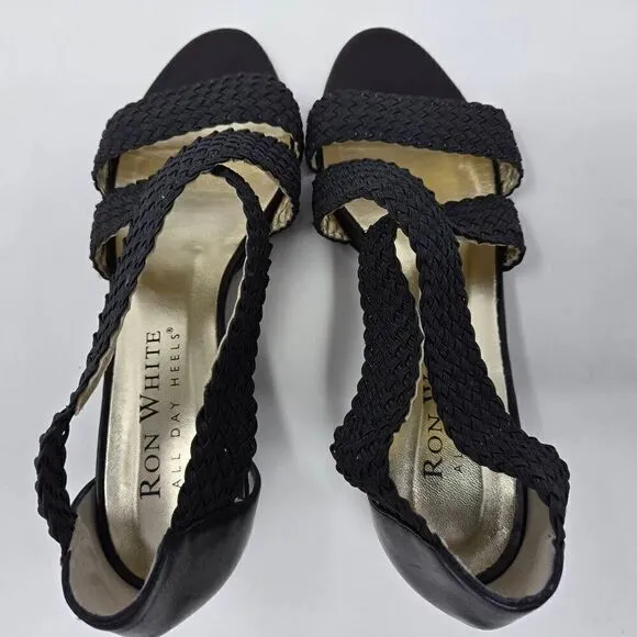 RON WHITE ALL DAY HEELS STRAPPY SUMMER BRAID WEAVE BLACK WEDGE WOMENS 37 US 6.5