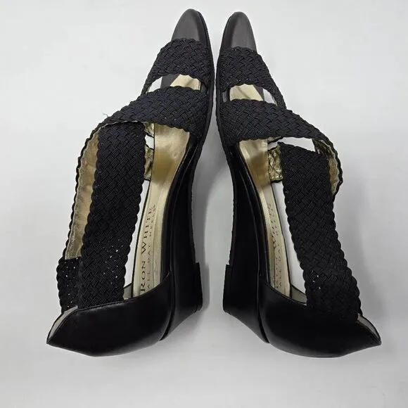 RON WHITE ALL DAY HEELS STRAPPY SUMMER BRAID WEAVE BLACK WEDGE WOMENS 37 US 6.5