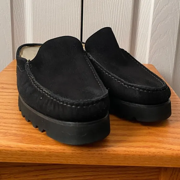 RON WHITE Renee Black Waterproof Suede Comfort Lug Sole Mules SZ 9.5E WIDE