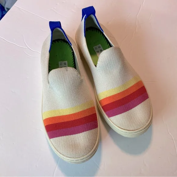 Rothy's Pink Candy Stripe white rainbow slip on sneaker shoes flats round kids 3