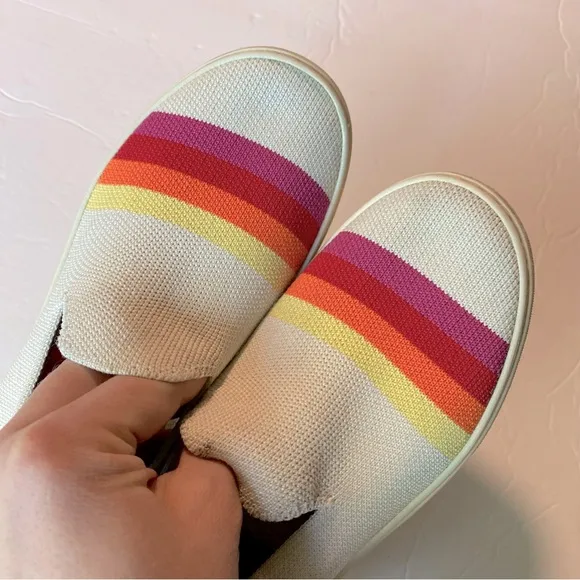 Rothy's Pink Candy Stripe white rainbow slip on sneaker shoes flats round kids 3