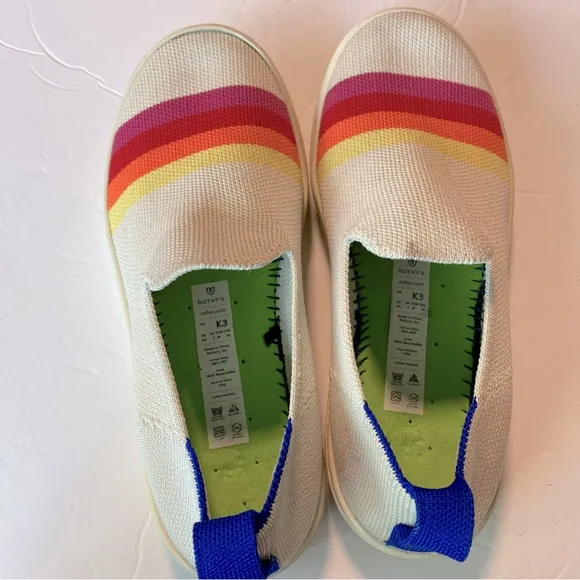 Rothy's Pink Candy Stripe white rainbow slip on sneaker shoes flats round kids 3