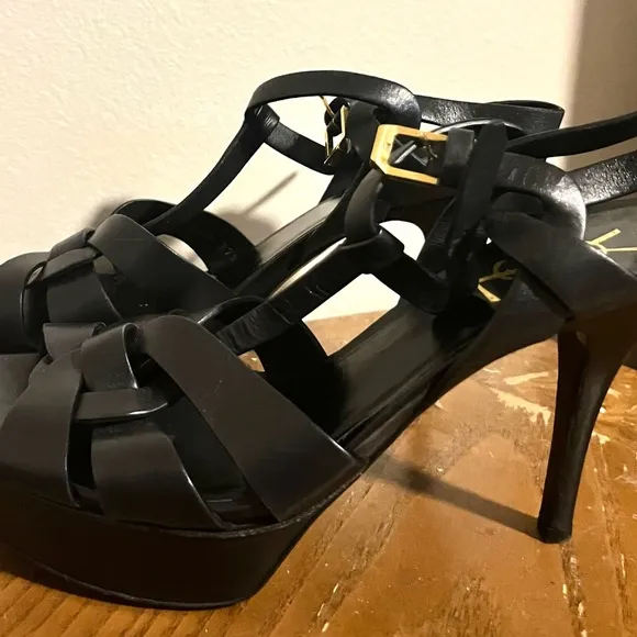 Saint Laurent Black Heels with Strappy Design and Platform Sole