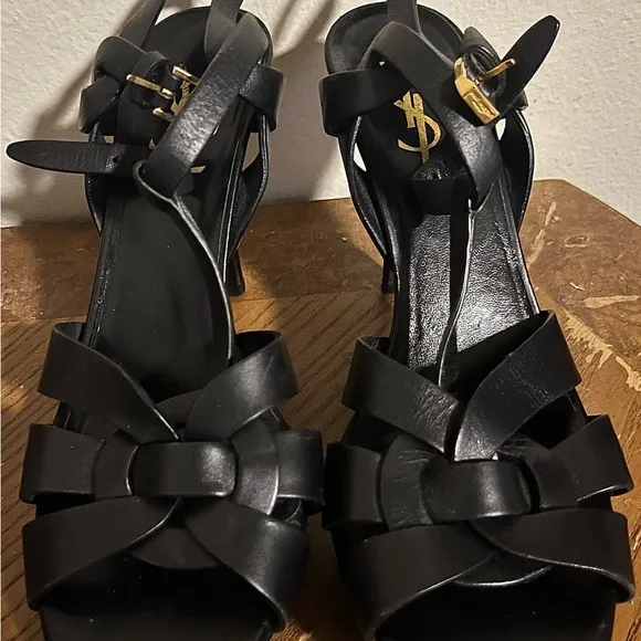 Saint Laurent Black Heels with Strappy Design and Platform Sole