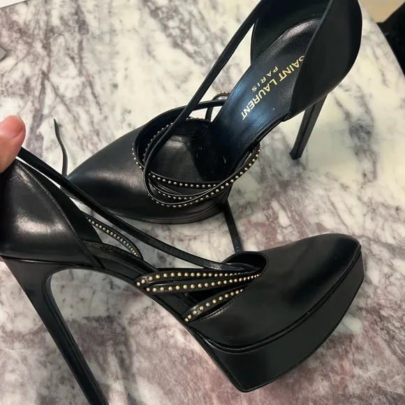 Saint Laurent Black Stiletto Heels with Strappy Design