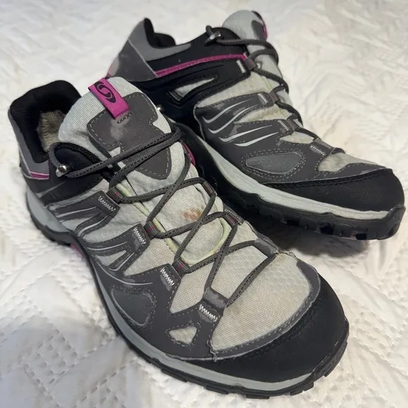 Salomon Hiking Trail Shoes Lace Up Grey Pink Woman Lady 9 Activewear Athletic